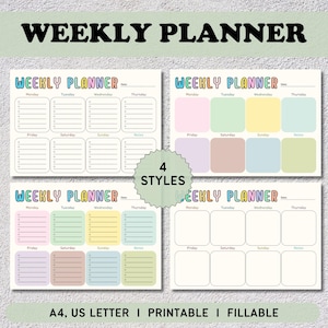 May include: Four printable weekly planner templates with different color schemes. Each template has sections for Monday through Sunday, with a notes section. The text "WEEKLY PLANNER" is in colorful letters at the top of each template.