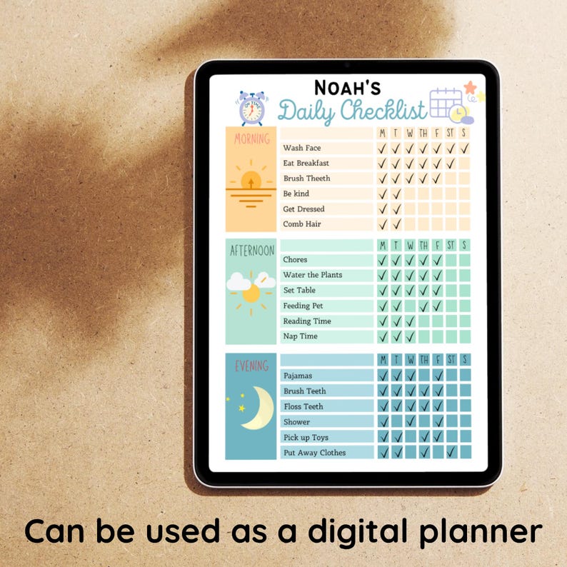 Digital planner version of kids daily checklist on a tablet screen, used for tracking routines electronically