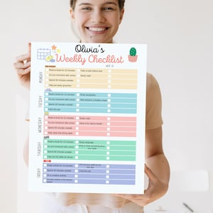 May include: A colourful printable checklist for children featuring a cactus illustration. The checklist is titled "Olivia's Weekly Checklist" and includes tasks for each day of the week, such as reading a book, doing homework, and helping with chores.