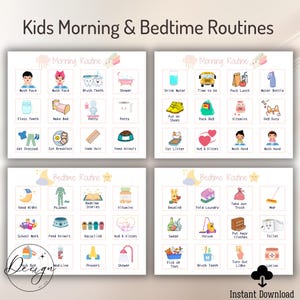 May include: Four colorful charts with illustrations for kids' morning and bedtime routines. The charts are divided into squares with images and text for activities like brushing teeth, making the bed, reading, and taking out the trash.