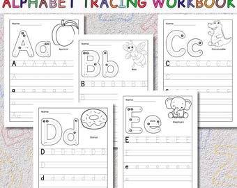 May include: Black and white printable alphabet tracing worksheets for kids. Each page features a letter of the alphabet, a picture of an object that starts with that letter, and lines for tracing the letter.