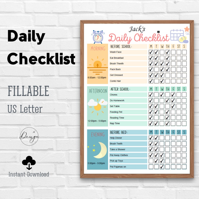 Kids Daily Checklist, Kids Planner, Kids Checklist, Kids Daily Routine, Kids To Do List, Kids School Checklist,  Chore Chart, For Boys