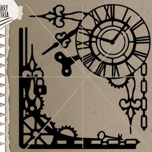 May include: Black and white silhouette of a clock with gears and a chain. The clock face has Roman numerals and the hands are pointing to the time of 10:10. The clock is in the upper right corner of the image. The rest of the image is filled with intricate gears and other clock-related designs.
