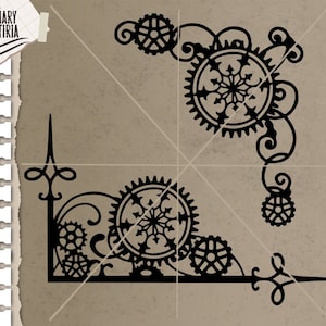 May include: Black steampunk-style corner design with gears and decorative flourishes. The design includes various sizes of gears, intricate detailing, and a vintage aesthetic. The image also includes the text "SVG, DXF, EPS, AI, PNG, JPG" and the logo "MARY CRAFTIRIA".