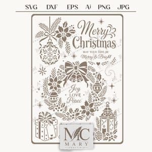 Puede incluir: Un archivo de diseño digital con gráficos navideños marrones sobre un fondo claro. Los elementos incluyen una corona, adornos, una caja de regalo, una linterna y el texto Merry Christmas, May Your Days Be Merry & Bright, y Joy Love Peace.