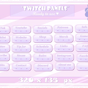 Könnte beinhalten: Ein Satz von 16 violetten Twitch-Panels mit weißem Text und Pfeilen. Die Panels sind mit verschiedenen Kategorien beschriftet, wie z. B. "TikTok", "Youtube", "Socials", "Patreon", "Info", "Wishlist", "Website", "Shop", "Merch", "Games", "Twitter", "Tip Jar", "Schedule", "Links", "FAQ", "Subscribe", "Steam", "Rules", "Instagram", "Facebook", "Credits", "Contact", "Discord" und "About me". Der Text "Twitch Panels" befindet sich oben im Bild, und der Text "Ready to use" befindet sich darunter. Der Text "Instant Download!" befindet sich in einer violetten Sprechblase in der oberen rechten Ecke des Bildes. Der Text "320 x 135 px" befindet sich unten im Bild.