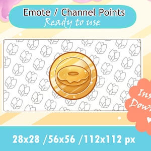 Könnte beinhalten: Eine digitale Illustration eines goldenen Donuts mit weißem Zuckerguss und Streuseln auf weißem Hintergrund mit einem Muster aus grauen Tulpen. Der Text "Emote / Channel Points Ready to use" befindet sich oben im Bild. Der Text "Sofort herunterladen" befindet sich in einer rosa Sprechblase unten rechts im Bild. Der Text "28x28 / 56x56 / 112x112 px" befindet sich unten im Bild.