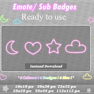 Kawaii Twitch Stream NEON Bit / Sub Badges Moon/Heart/Star/Cloud