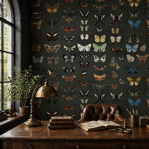 Dark Botanical Butterfly Wallpaper Mural | Vintage Green Removable Wallpaper