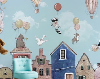 Kids Animals & Balloons Peel and Stick Wallpaper | Nursery Wall Mural