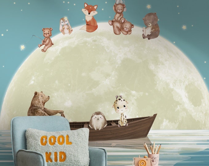 Featured listing image: Kids Night Sky Wallpaper, Moon and Stars Wall Mural, Kids Bedroom Removable Wallpaper