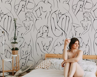 Papel pintado minimalista con líneas / Mural de pared con el cuerpo femenino / Autoadhesivo