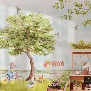 Kids Green Forest Farm Animals Wallpaper Mural |  Nursery Peel and Stick Wall Mural