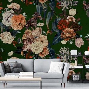 Dark Floral Wallpaper Peel and Stick | Watercolor Peony Wall Mural