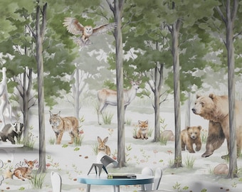 Wild Life Forest Wallpaper | Kids Wallpaper Peel and Stick | Cute Animals in the Watercolor Forest Wall Mural