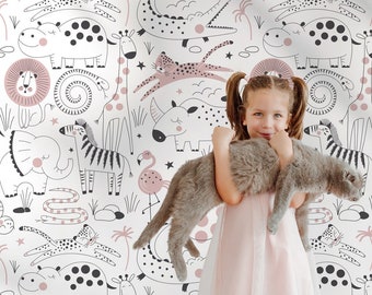 Kids Wallpaper | Hand Drawn Little Safari Animals Wall Mural | Nursery Wallpaper Peel and Stick