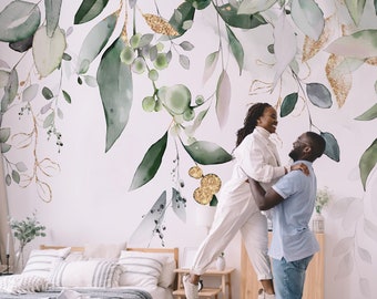 Elegant Gold & Green Leaves Wallpaper | Serene Nature Wall Mural | Removable Peel and Stick