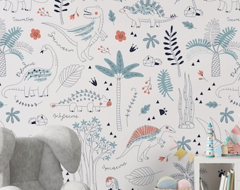 Kids Wallpaper | Hand Drawn Dino with Plants and Trees Wall Mural | Nursery Peel and Stick Wallpaper