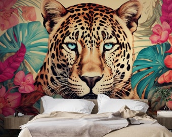 Leopard Face with Tropical Leaves Wallpaper | Tropical Wall Mural Peel and Stick