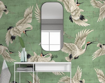 Green Crane Birds Wallpaper, Peel and Stick, Heron Asian Wallpaper, Vintage Crane Birds Wall Art, Temporary Wallpaper, Removable Wallpaper