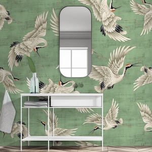 Green Crane Birds Wallpaper, Peel and Stick, Heron Asian Wallpaper, Vintage Crane Birds Wall Art, Temporary Wallpaper, Removable Wallpaper