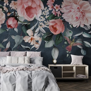 Dark Floral Wallpaper Peel and Stick, Large Peony Flowers Wallpaper, Watercolor Peony Wall Mural, Removable Wallpaper, Self Adhesive