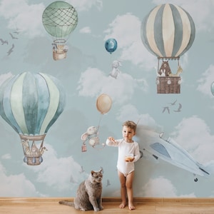 Kids Wallpaper Peel and Stick Kids Animals with Hot Air Balloon Wall Mural image 1