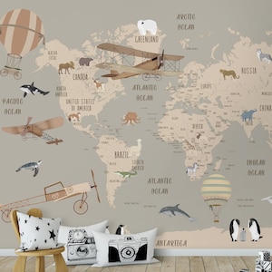 Kinder Wandbild Politische Weltkarte Wandbild Heißluftballon Tiere Wandabdeckung Kinderzimmer Kinderzimmer