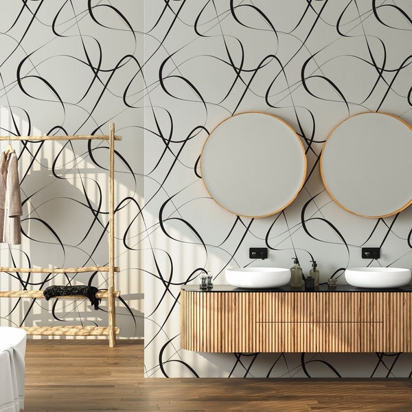 Abstract Minimalist Wallpaper | Black and White Wall Mural | Line Wallpaper Peel and Stick
