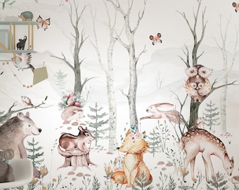 Kids Wallpaper Peel and Stick | Cute Forest Animals and Mystical Forest Wall Mural | Forest Wallpaper