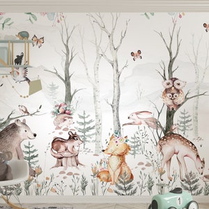 Kids Wallpaper Peel and Stick | Cute Forest Animals and Mystical Forest Wall Mural | Forest Wallpaper