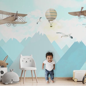 Kids Wallpaper | Mountain, Blue Sky, Clouds, Air Plane, Hot Air Balloon Wall Mural | Kids Peel and Stick Wallpaper