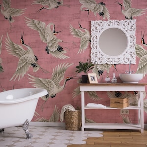 Pink Crane Birds Wallpaper Peel and Stick, Chinoiserie Wallpaper, Heron Print Wallpaper, Removable Wallpaper, Vintage Crane Wallpaper