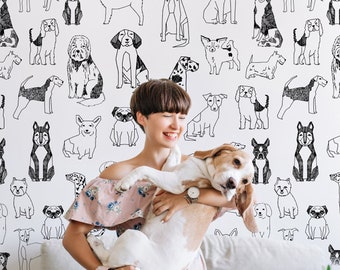 Kids Wallpaper | Hand Drawing Dogs Wall Mural | Cute Animals Wallpaper Peel and Stick | Kids Room Nursery Room Decor