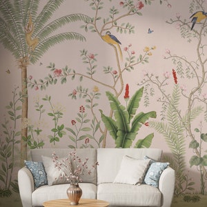 Tropical Wallpaper | Vintage Tropical Landscape Wall Mural | Tropical Plants Wallpaper Peel and Stick