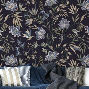 Abnehmbare Tapete, Tapete mit marineblauem Blumenmuster und Blättern, Tapete zum Abziehen und Aufkleben, Wandpapier, Wohnkultur Wandkunst