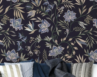 Dark Botanical Wallpaper | Moody Floral Wall Mural | Removable Peel and Stick