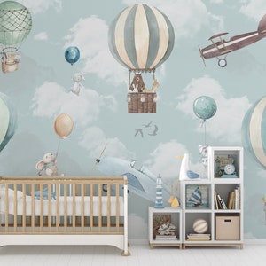 Kids Wallpaper Peel and Stick Kids Animals with Hot Air Balloon Wall Mural image 6