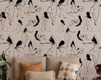 Papel pintado autoadhesivo con diseño de silueta femenina / Mural de pared minimalista