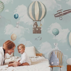 Kids Wallpaper Peel and Stick Kids Animals with Hot Air Balloon Wall Mural image 8