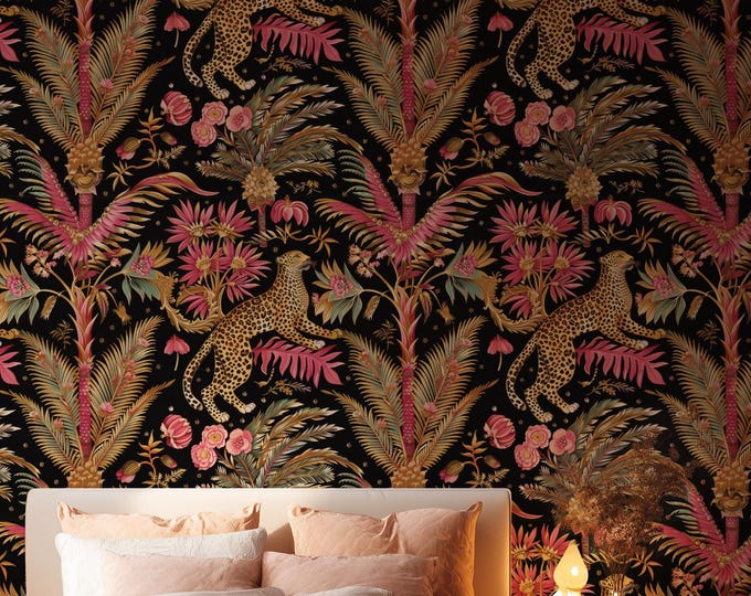Featured listing image: Leopard Jungle Wallpaper, Tropical Floral Wall Mural, Dark Botanical Peel and Stick Wallpaper