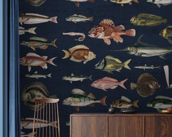 Vintage Fish Wallpaper Peel and Stick / Fondo de pantalla extraíble / Mural de pared de pescado / Impresión de pared de pescado