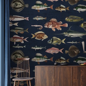 Vintage Fish Wallpaper Peel and Stick | Removable Wallpaper | Fish Wall Mural | Fish Wall Print