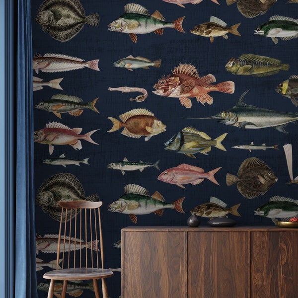 Vintage Fish Wallpaper Peel and Stick | Removable Wallpaper | Fish Wall Mural | Fish Wall Print