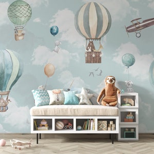 Kids Wallpaper Peel and Stick Kids Animals with Hot Air Balloon Wall Mural image 5
