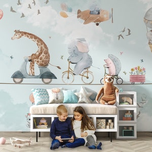 Flying Animals Kids Wallpaper Hot Air Balloon Peel and Stick Self Adhesive, Kids Playroom Decor