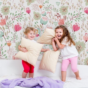 Nursery Floral Wallpaper | Kids Soft Garden Flowers Wall Mural | Floral Peel and Stick Wallpaper