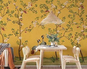 Gold Color Chinoiserie Wallpaper | Chinoiserie Botanical with Birds Wall Mural | Asian Wallpaper Peel and Stick