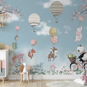 Kids Wallpaper | Cute Flying Animals Wall Mural | Hot Air Balloon Wallpaper | Nursery Room Decor | Kids Peel and Stick Wallpaper