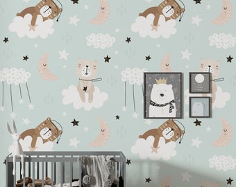 Nursery Wallpaper | Sleepy Bears with Sky Wall Mural | Kids Wallpaper Peel and Stick